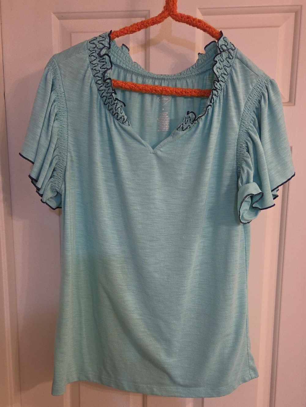 St. John's Bay Turquoise Ruffle V-Neck Short Sleeve Top